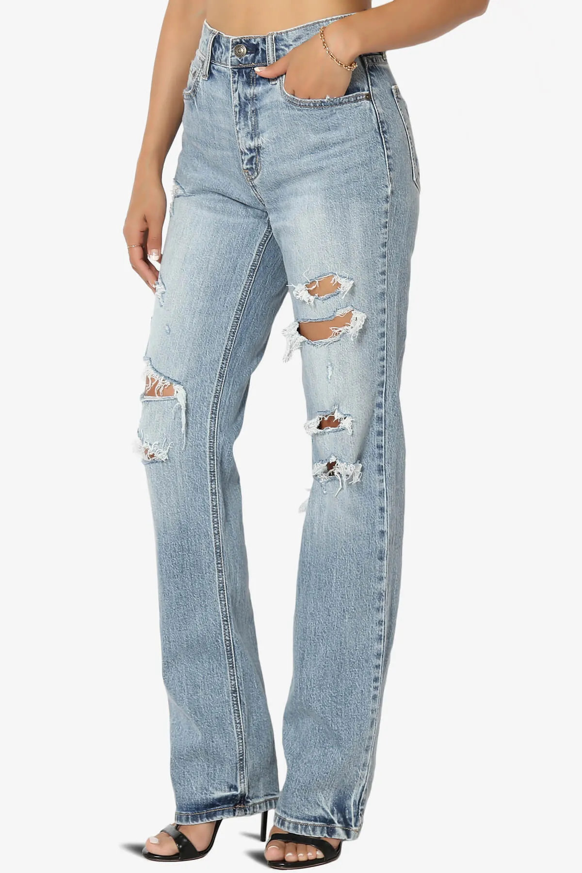 Codi High Rise Dad Jeans in Distressed Med