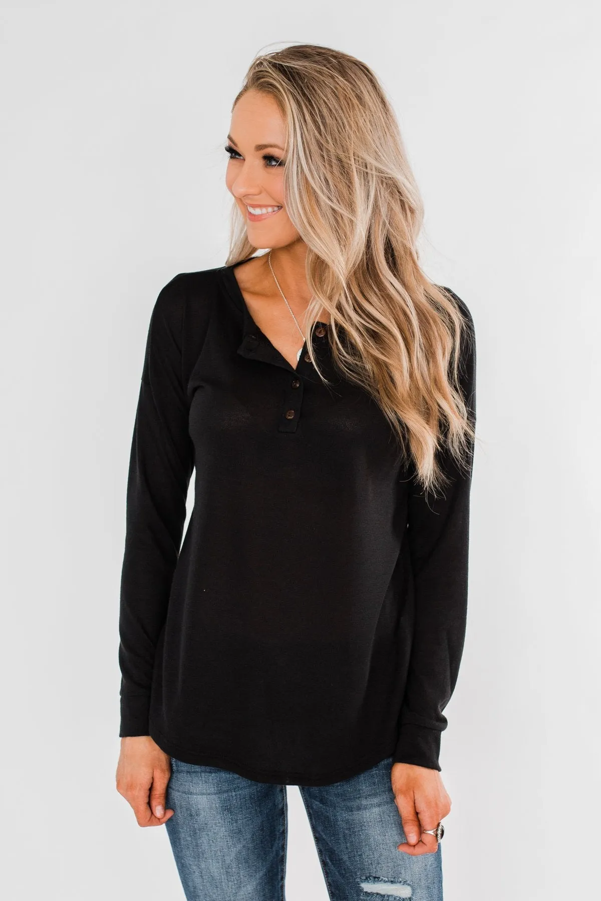 Cozy & Warm 4 Button Henley Top- Black