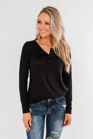Cozy & Warm 4 Button Henley Top- Black