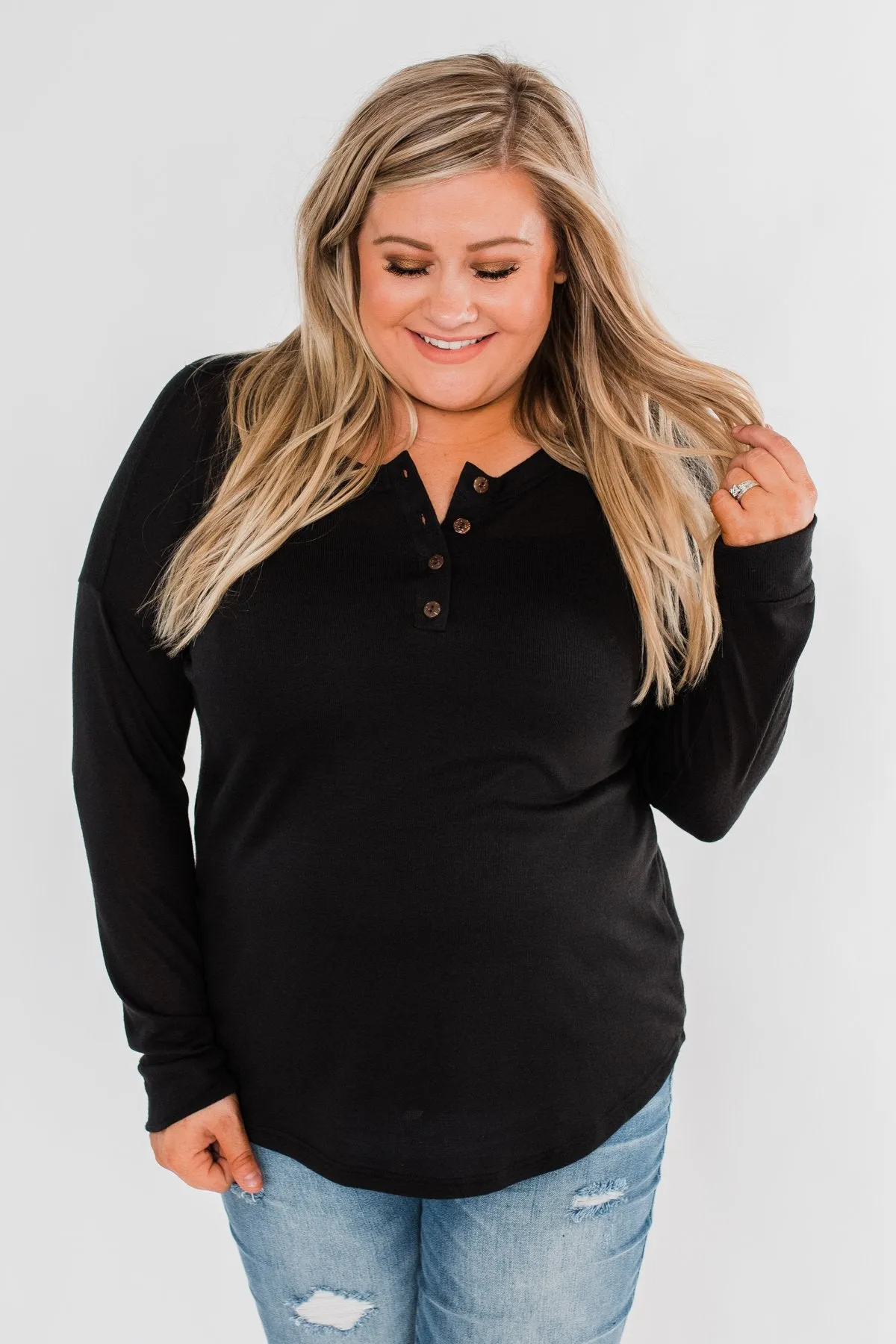 Cozy & Warm 4 Button Henley Top- Black