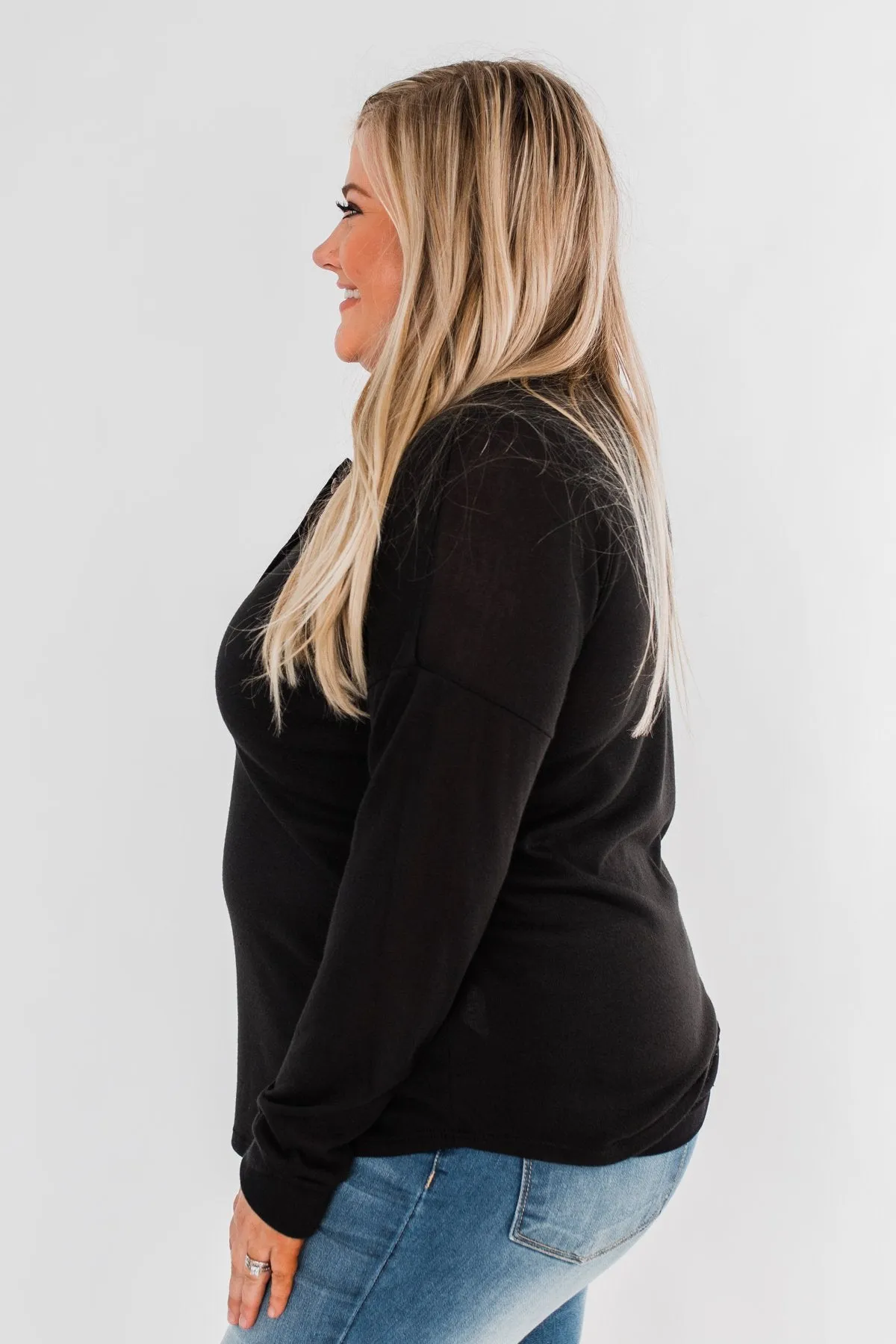 Cozy & Warm 4 Button Henley Top- Black