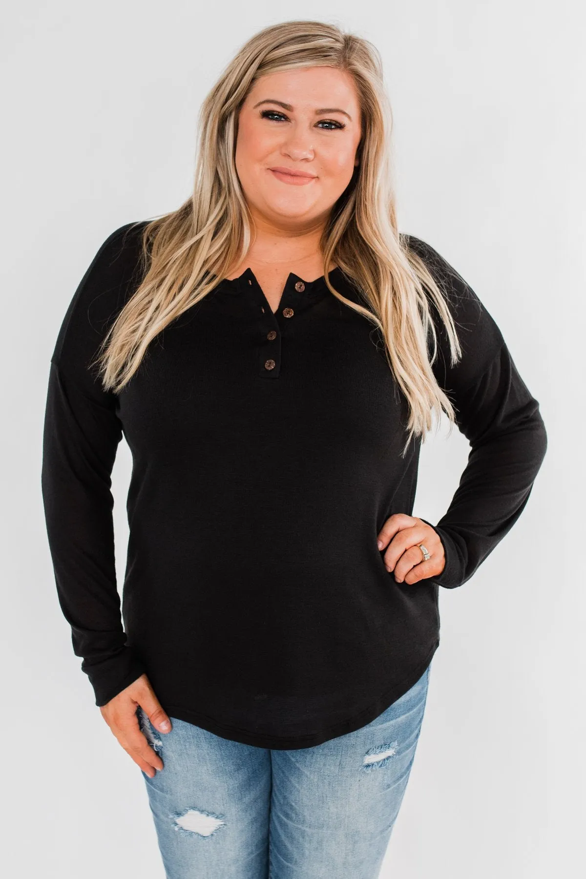 Cozy & Warm 4 Button Henley Top- Black
