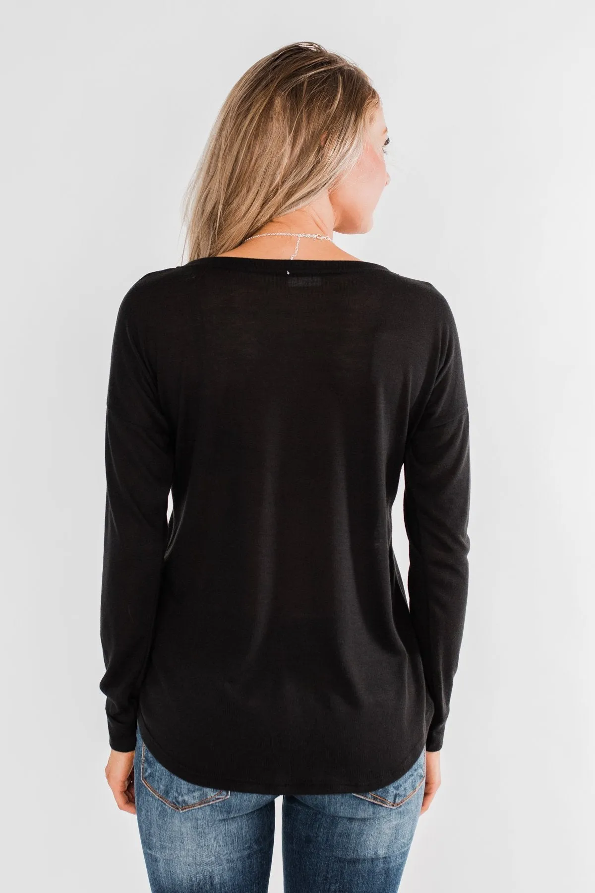 Cozy & Warm 4 Button Henley Top- Black