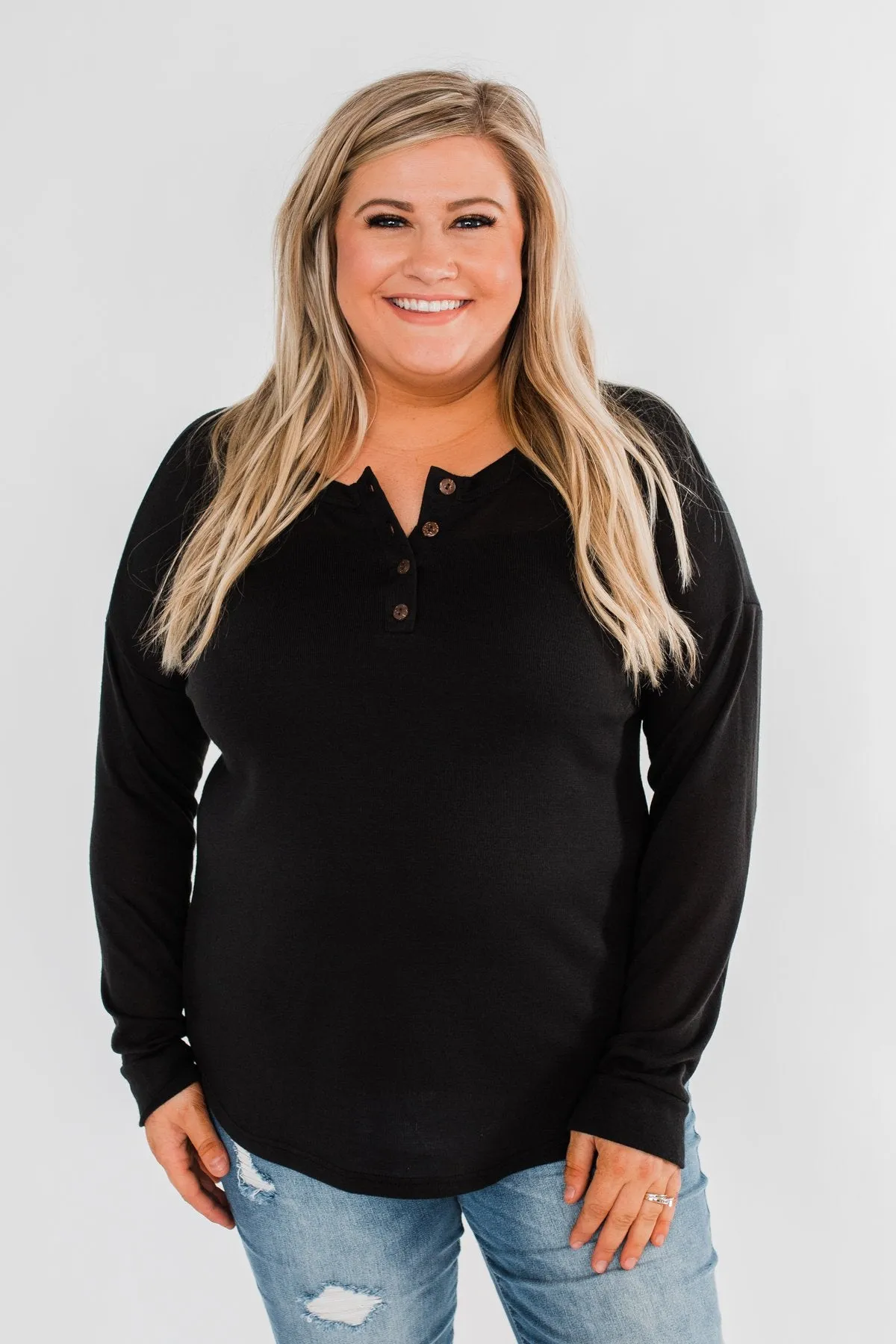 Cozy & Warm 4 Button Henley Top- Black
