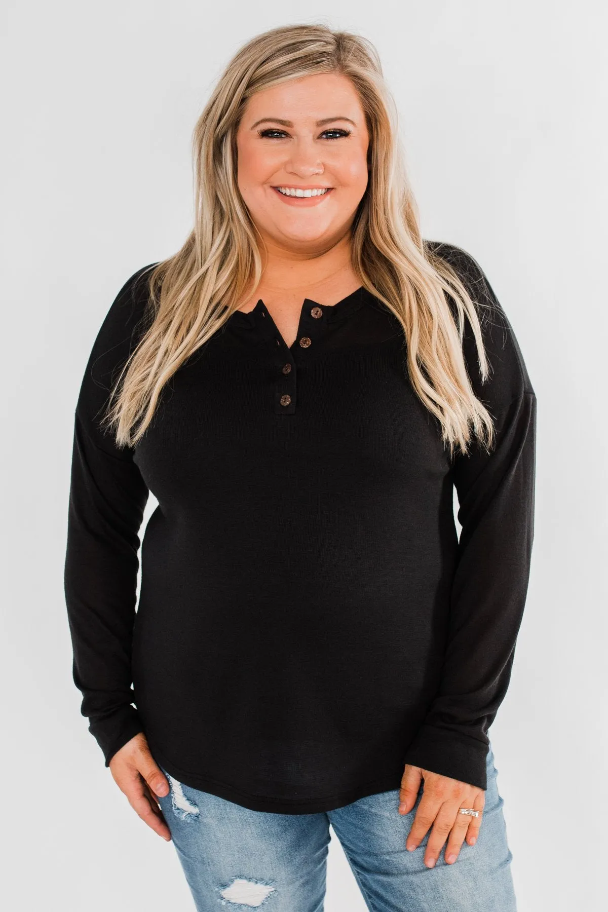 Cozy & Warm 4 Button Henley Top- Black