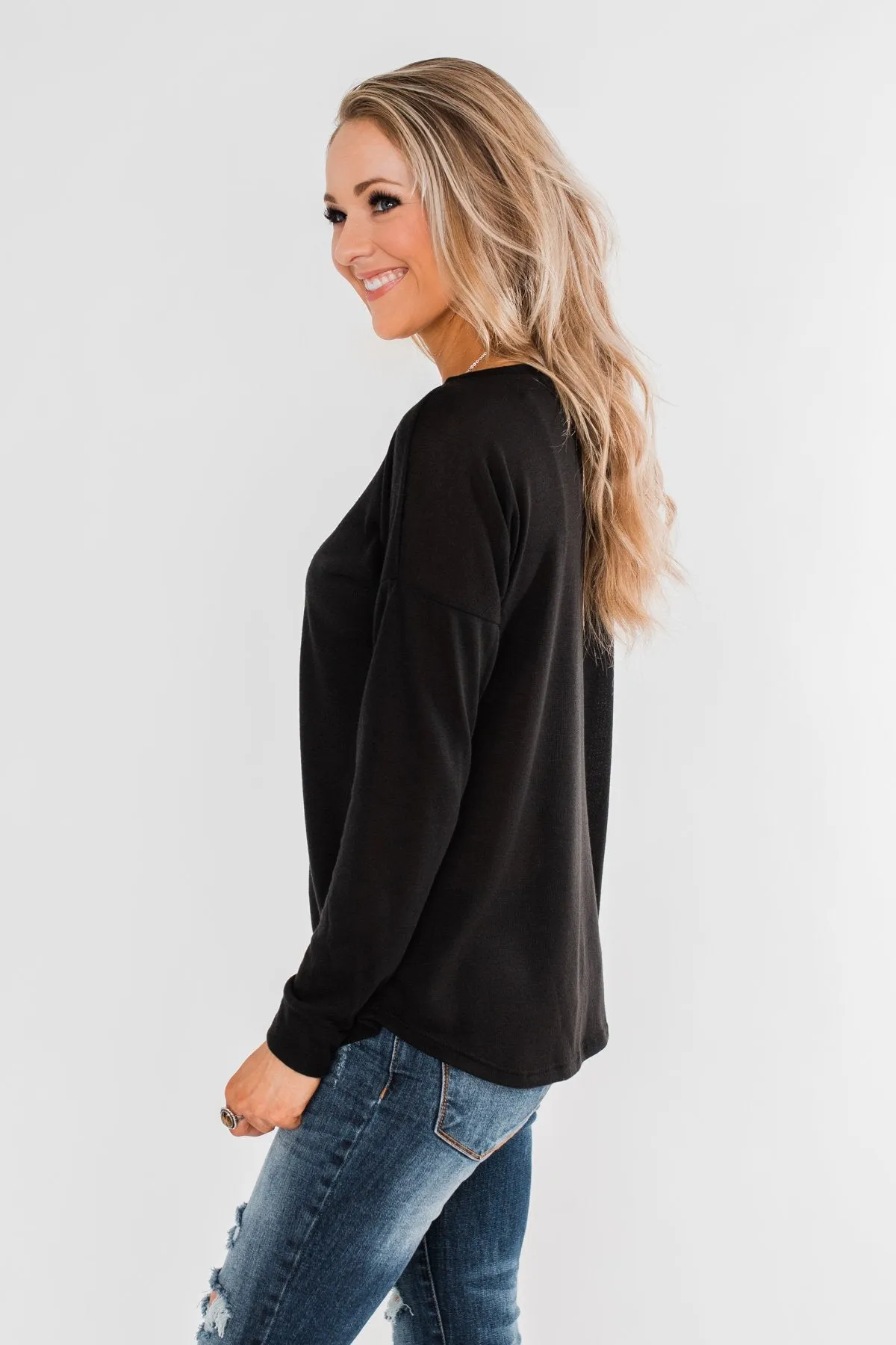 Cozy & Warm 4 Button Henley Top- Black