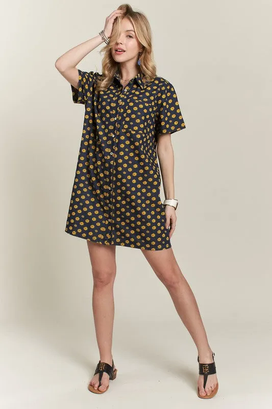 Dark Floral Button-Up Mini Denim Dress