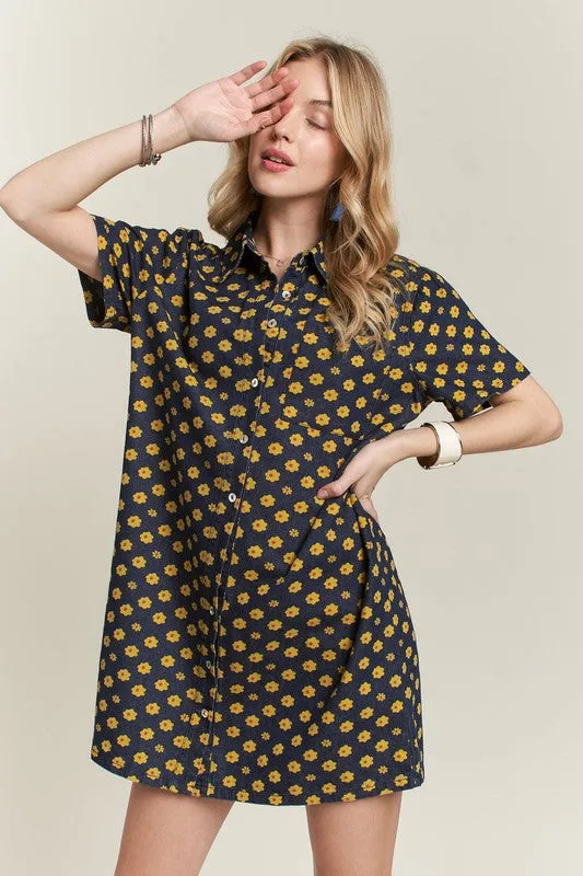 Dark Floral Button-Up Mini Denim Dress