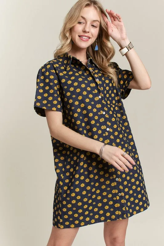 Dark Floral Button-Up Mini Denim Dress
