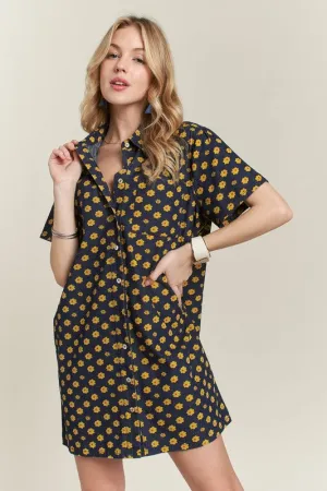 Dark Floral Button-Up Mini Denim Dress