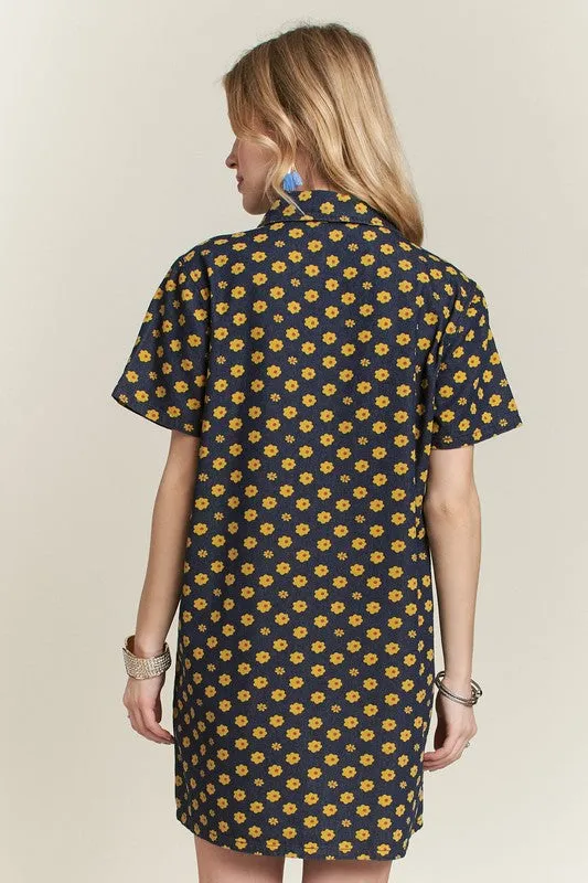 Dark Floral Button-Up Mini Denim Dress