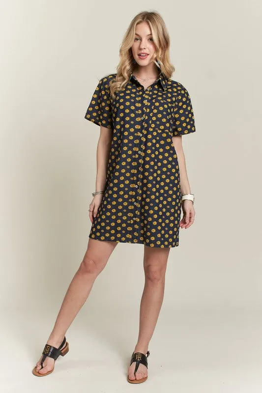 Dark Floral Button-Up Mini Denim Dress