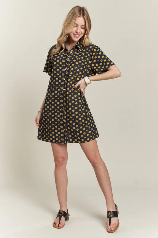 Dark Floral Button-Up Mini Denim Dress