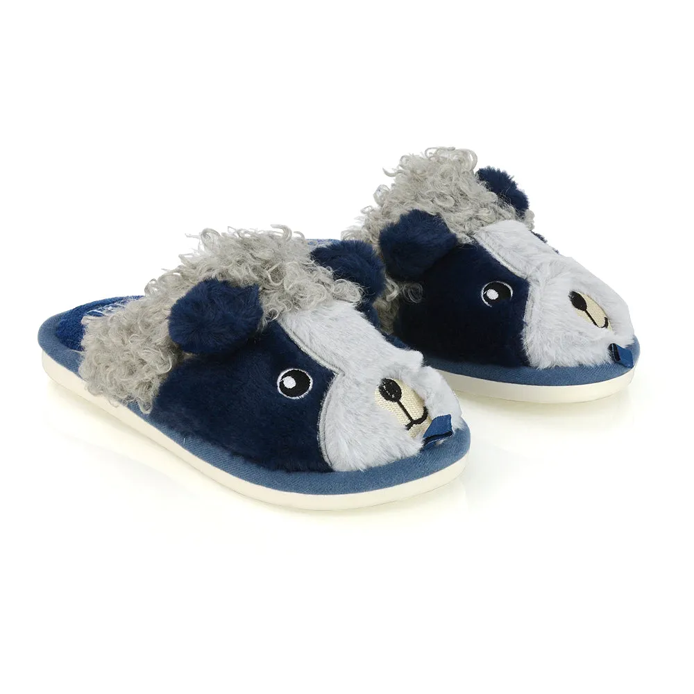 Dinah Faux Fur Fluffy Animal Design Cosy Close Toe Flat Mule Slippers in Navy