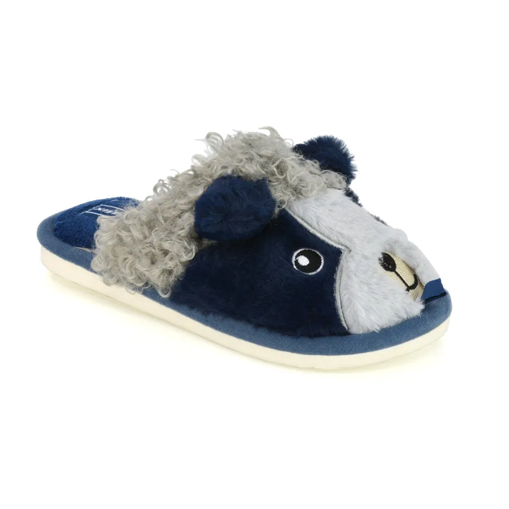 Dinah Faux Fur Fluffy Animal Design Cosy Close Toe Flat Mule Slippers in Navy