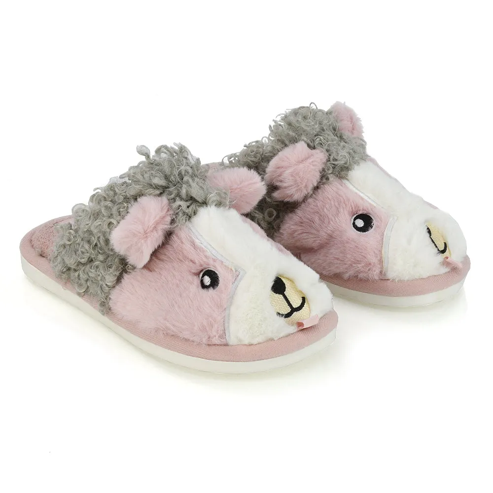 Dinah Faux Fur Fluffy Animal Design Cosy Close Toe Flat Mule Slippers in Navy