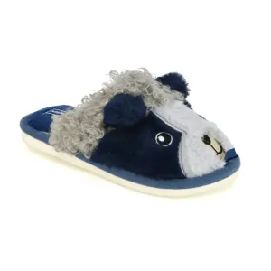 Dinah Faux Fur Fluffy Animal Design Cosy Close Toe Flat Mule Slippers in Navy