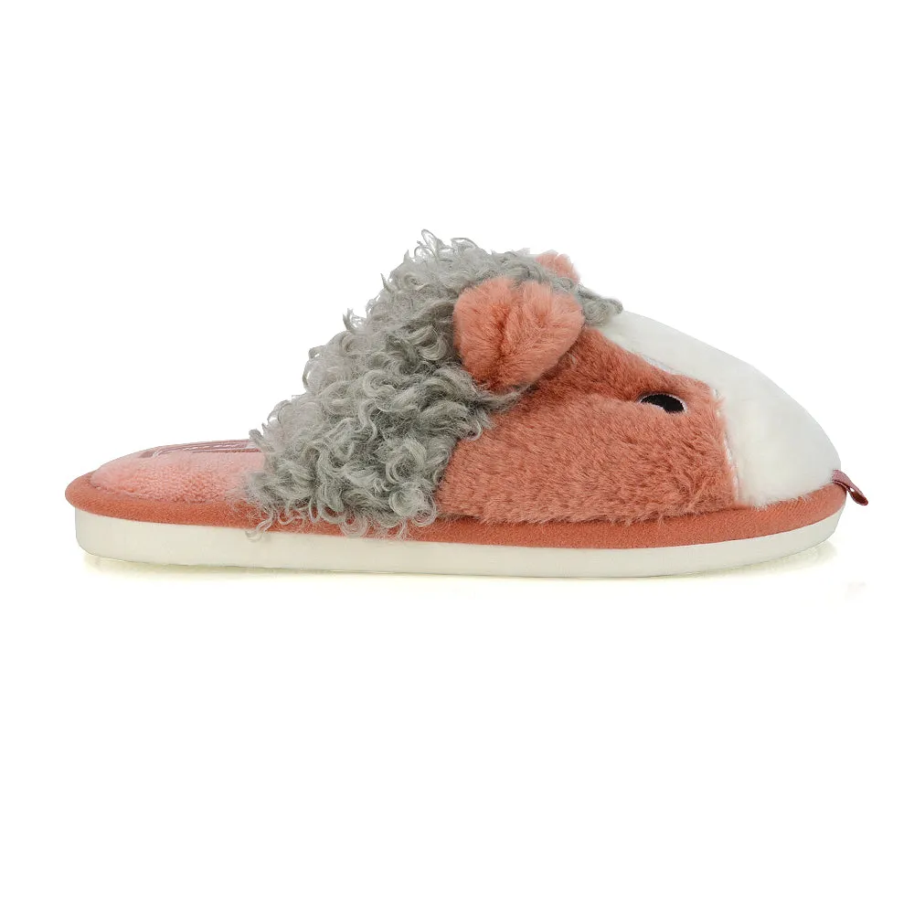 Dinah Faux Fur Fluffy Animal Design Cosy Close Toe Flat Mule Slippers in Navy