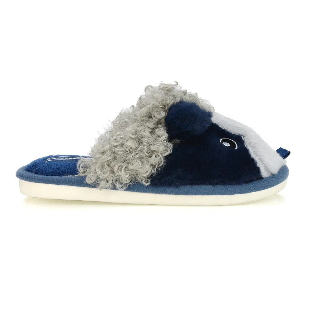 Dinah Faux Fur Fluffy Animal Design Cosy Close Toe Flat Mule Slippers in Navy
