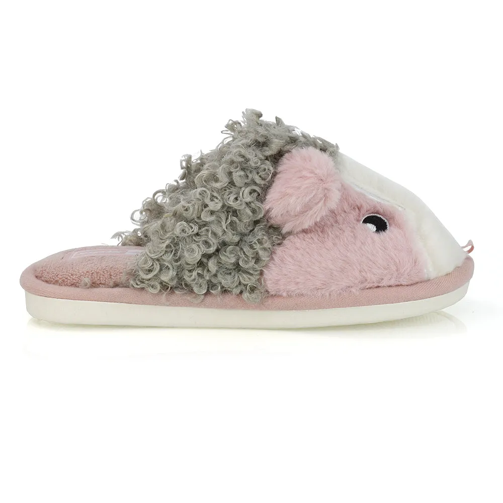 Dinah Faux Fur Fluffy Animal Design Cosy Close Toe Flat Mule Slippers in Navy