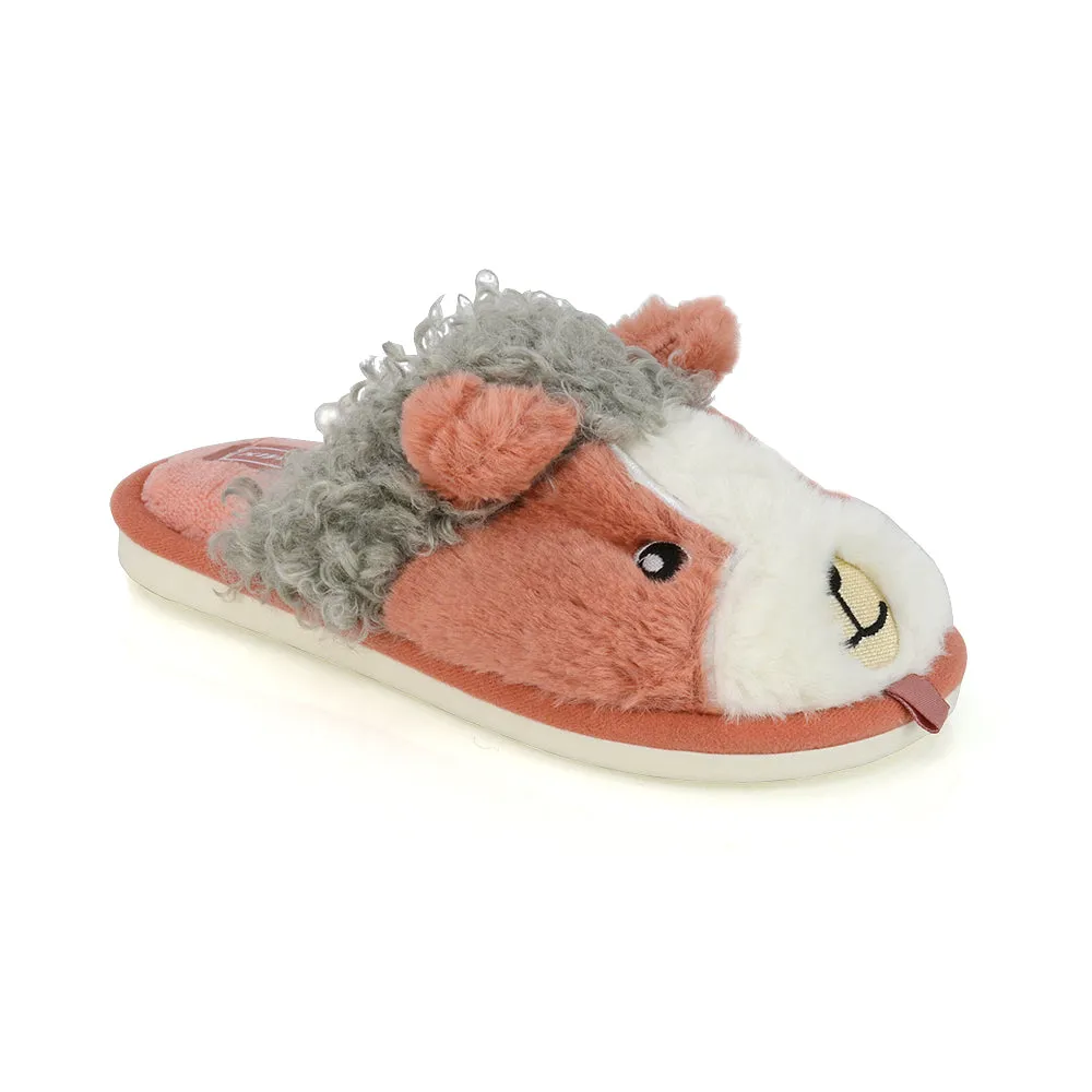 Dinah Faux Fur Fluffy Animal Design Cosy Close Toe Flat Mule Slippers in Navy