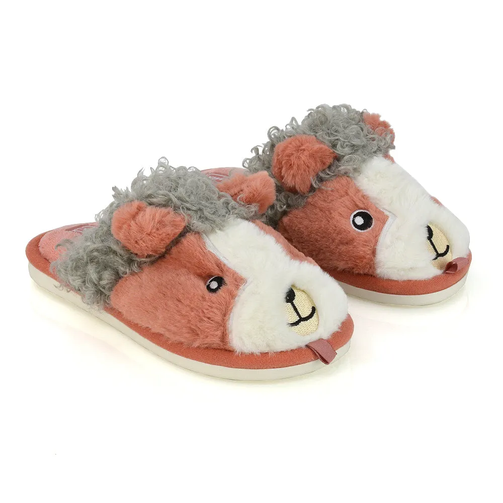 Dinah Faux Fur Fluffy Animal Design Cosy Close Toe Flat Mule Slippers in Navy