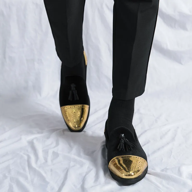 Elegant Men's British-Style Loafers - Green & Golden Brogue, Slip-On Dress Shoes with Non-Slip Rubber Sole for Weddings, Formal Events & Casual Wear