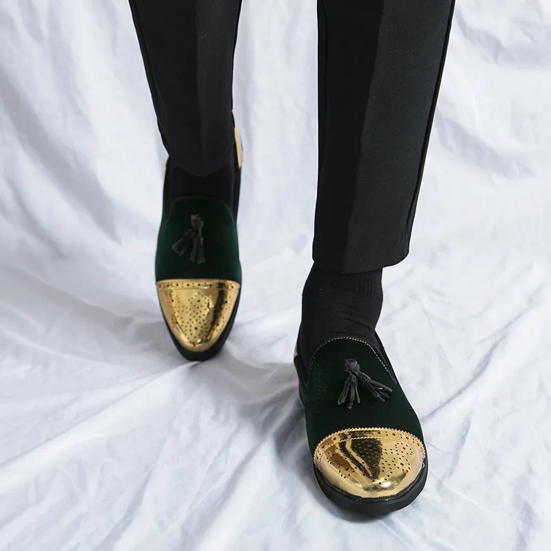 Elegant Men's British-Style Loafers - Green & Golden Brogue, Slip-On Dress Shoes with Non-Slip Rubber Sole for Weddings, Formal Events & Casual Wear