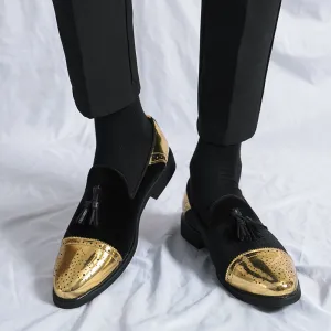 Elegant Men's British-Style Loafers - Green & Golden Brogue, Slip-On Dress Shoes with Non-Slip Rubber Sole for Weddings, Formal Events & Casual Wear