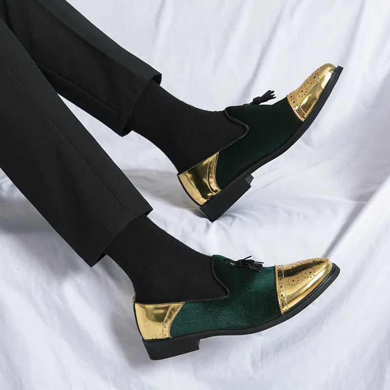 Elegant Men's British-Style Loafers - Green & Golden Brogue, Slip-On Dress Shoes with Non-Slip Rubber Sole for Weddings, Formal Events & Casual Wear