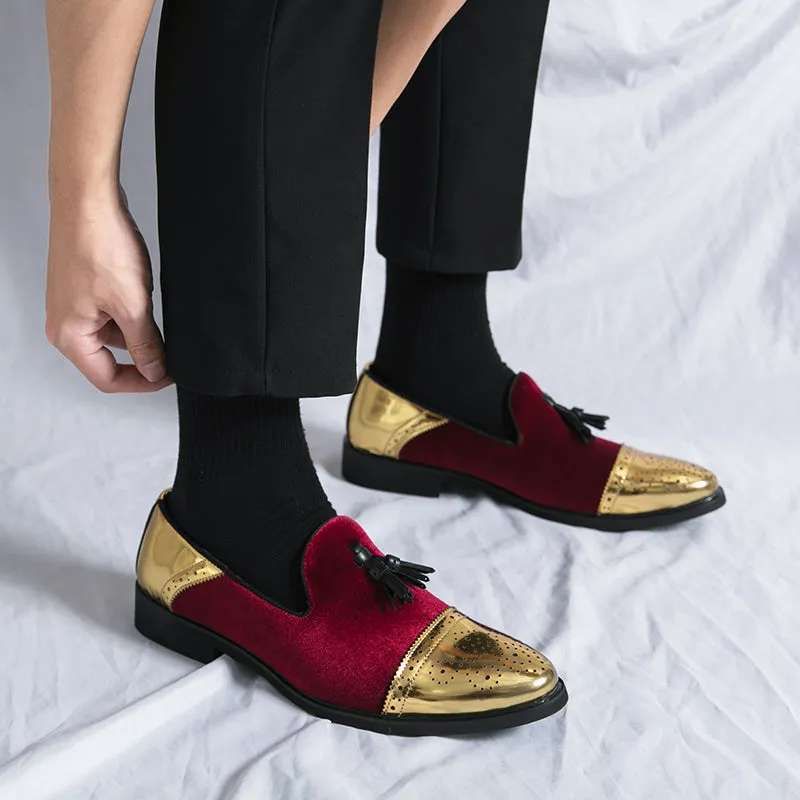 Elegant Men's British-Style Loafers - Green & Golden Brogue, Slip-On Dress Shoes with Non-Slip Rubber Sole for Weddings, Formal Events & Casual Wear