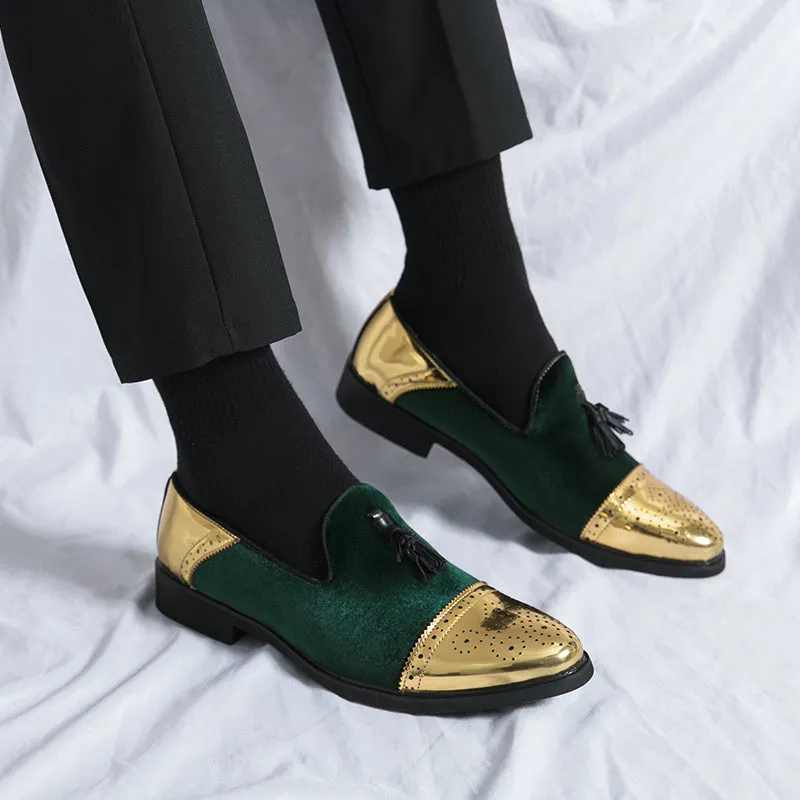 Elegant Men's British-Style Loafers - Green & Golden Brogue, Slip-On Dress Shoes with Non-Slip Rubber Sole for Weddings, Formal Events & Casual Wear
