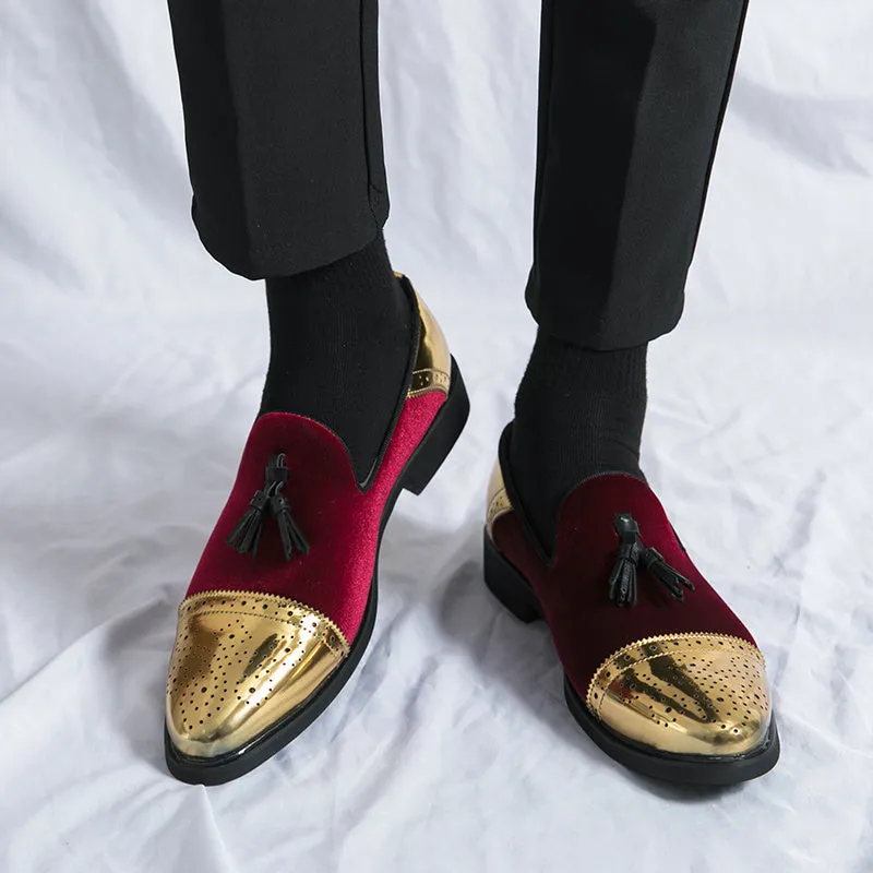 Elegant Men's British-Style Loafers - Green & Golden Brogue, Slip-On Dress Shoes with Non-Slip Rubber Sole for Weddings, Formal Events & Casual Wear
