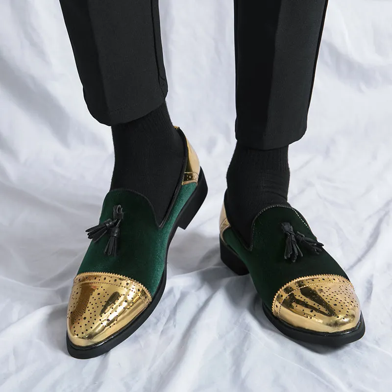 Elegant Men's British-Style Loafers - Green & Golden Brogue, Slip-On Dress Shoes with Non-Slip Rubber Sole for Weddings, Formal Events & Casual Wear