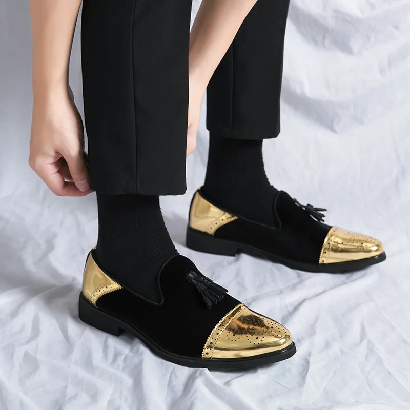 Elegant Men's British-Style Loafers - Green & Golden Brogue, Slip-On Dress Shoes with Non-Slip Rubber Sole for Weddings, Formal Events & Casual Wear