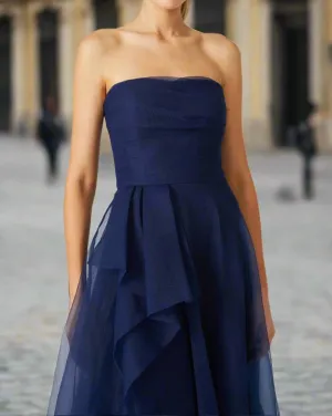Elegant Strapless Sleeveless Ankle Length Wedding Guest Dress with Ruffles
