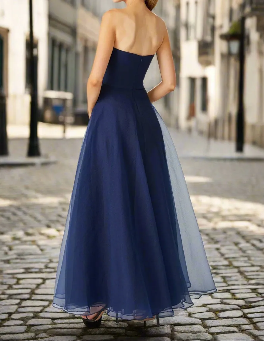 Elegant Strapless Sleeveless Ankle Length Wedding Guest Dress with Ruffles