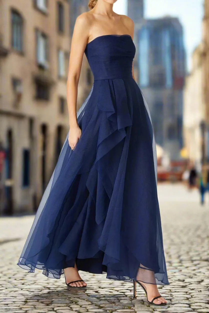 Elegant Strapless Sleeveless Ankle Length Wedding Guest Dress with Ruffles