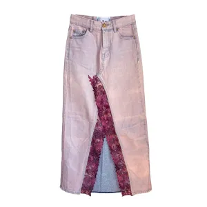 Embellished Denim Skirt In Purple And Burgundy Lace