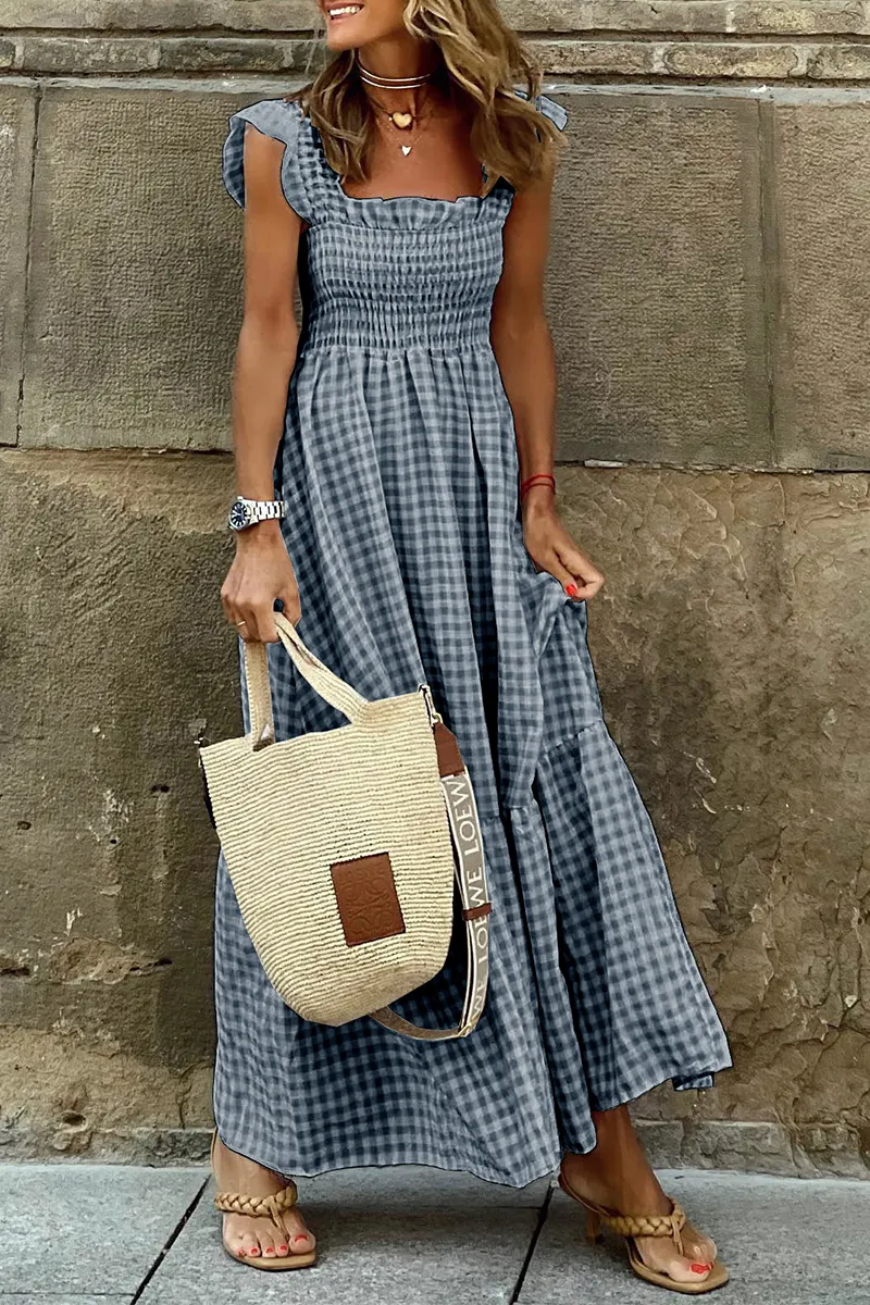 Fashion Plaid Patchwork Square Collar Cake Skirt Dresses