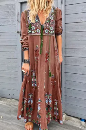 Fashion Print Patchwork V Neck Straight Dresses(4 Colors)