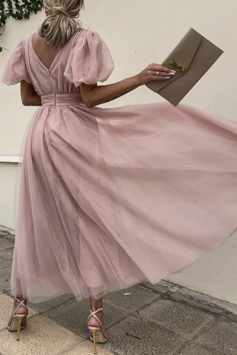 Fashion Solid Split Joint V Neck Mesh Dress Dresses
