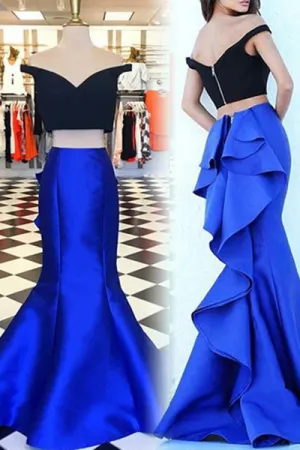 Fashion Two Piece Off the Shoulder Short Sleeves Tiered Royal Blue Mermaid Prom Dress LPD052
