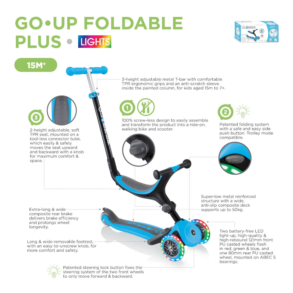 Globber GO UP Foldable Plus Lights Toddler Scooter With Seat - Red