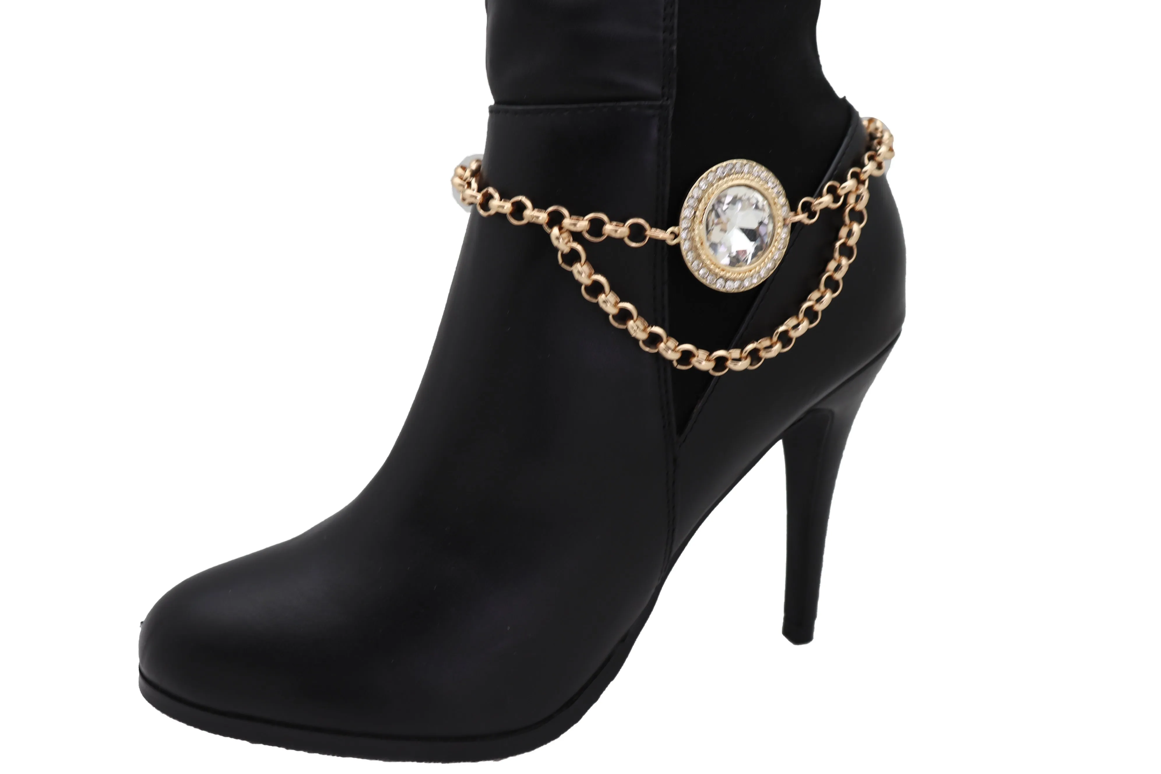 Gold Metal Chain Boot Bracelet Shoe Charm Fancy Bling Shiny Bead Anklet