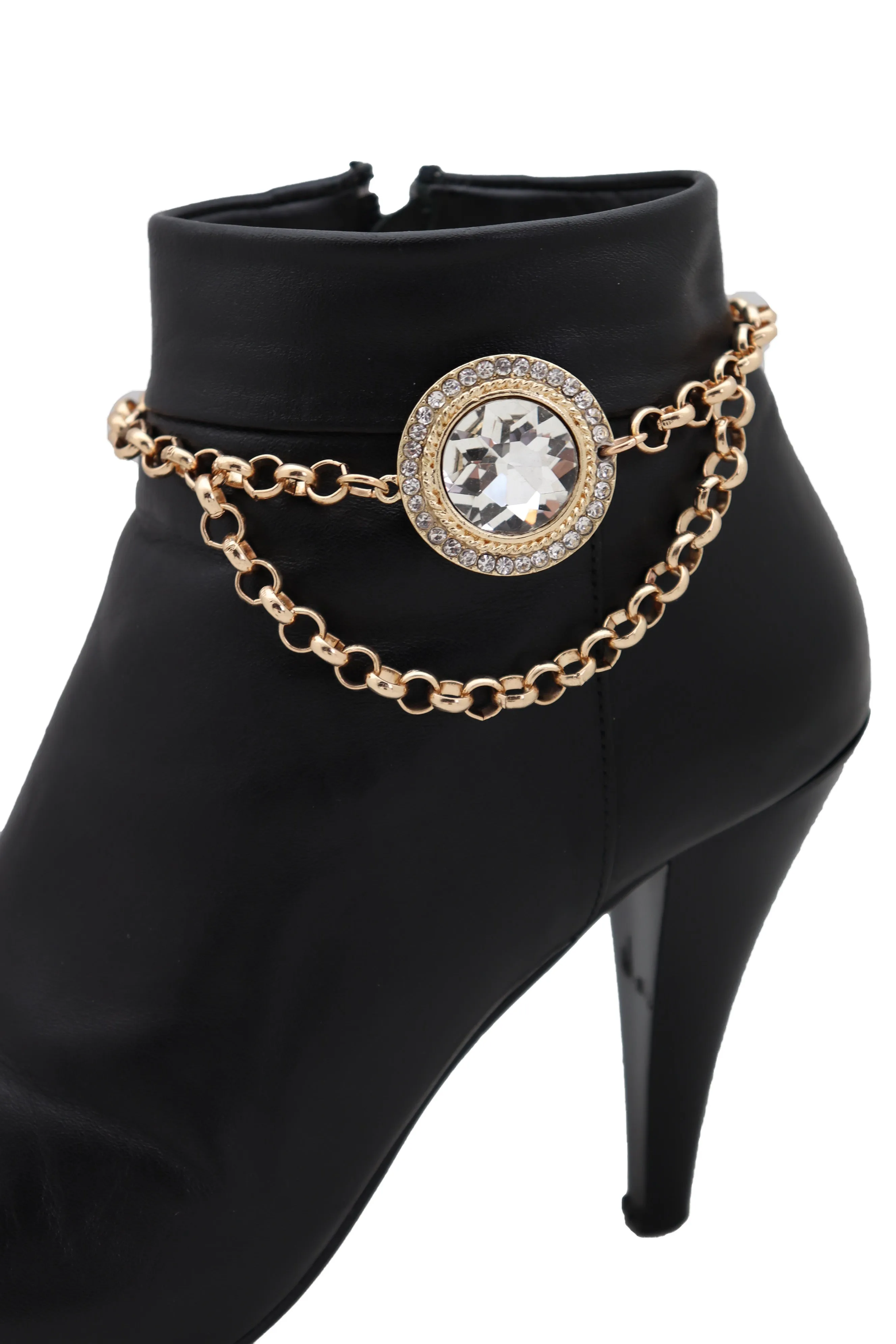 Gold Metal Chain Boot Bracelet Shoe Charm Fancy Bling Shiny Bead Anklet