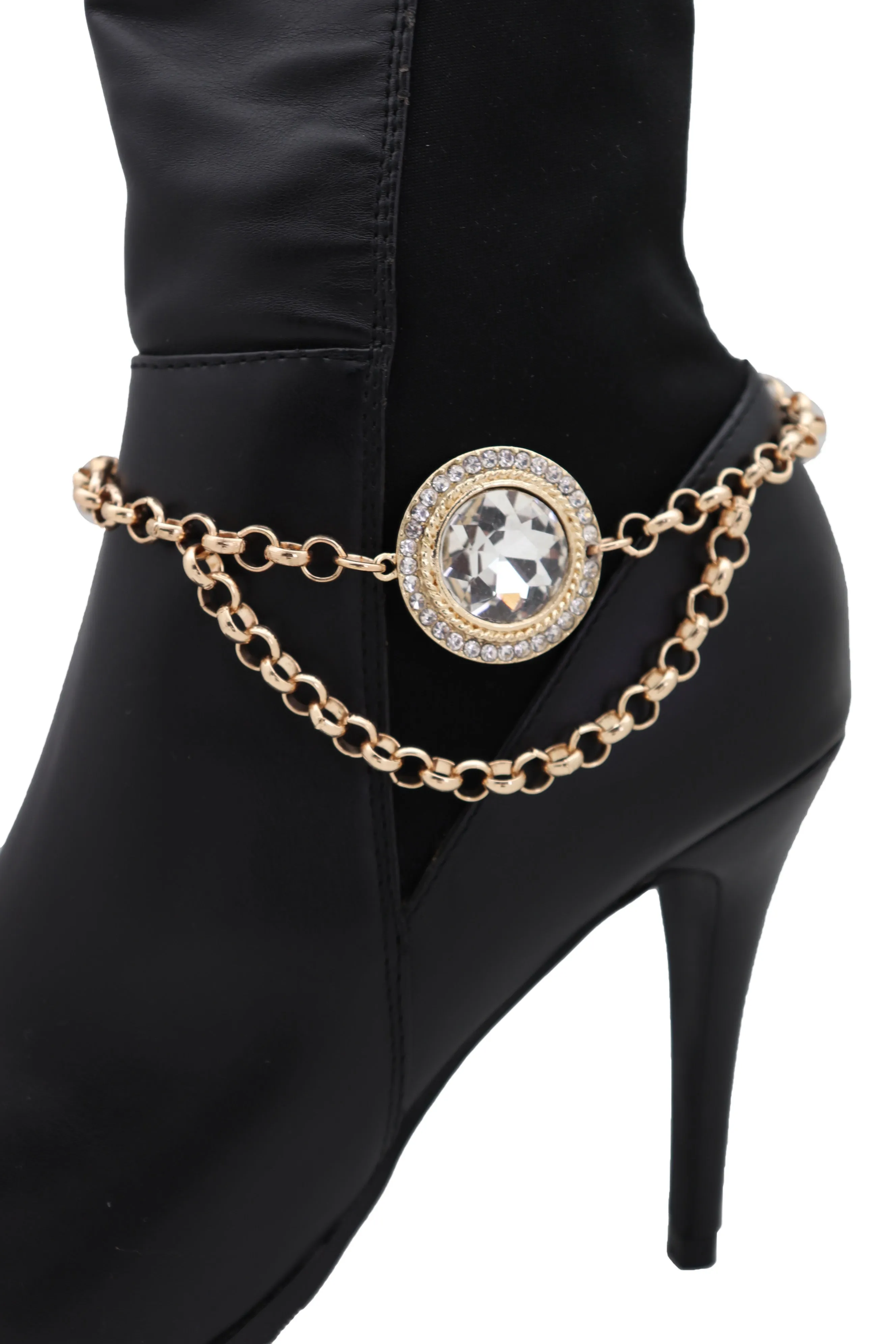 Gold Metal Chain Boot Bracelet Shoe Charm Fancy Bling Shiny Bead Anklet