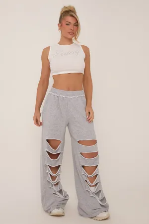 Grey Distressed Ripped Wide Leg Joggers - Emory