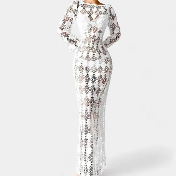 H&amp;M White Crochet Sheer Long Sleeve Side Slit Maxi Bodycon Beach Dress Size XS/S