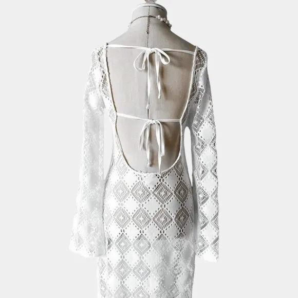 H&amp;M White Crochet Sheer Long Sleeve Side Slit Maxi Bodycon Beach Dress Size XS/S
